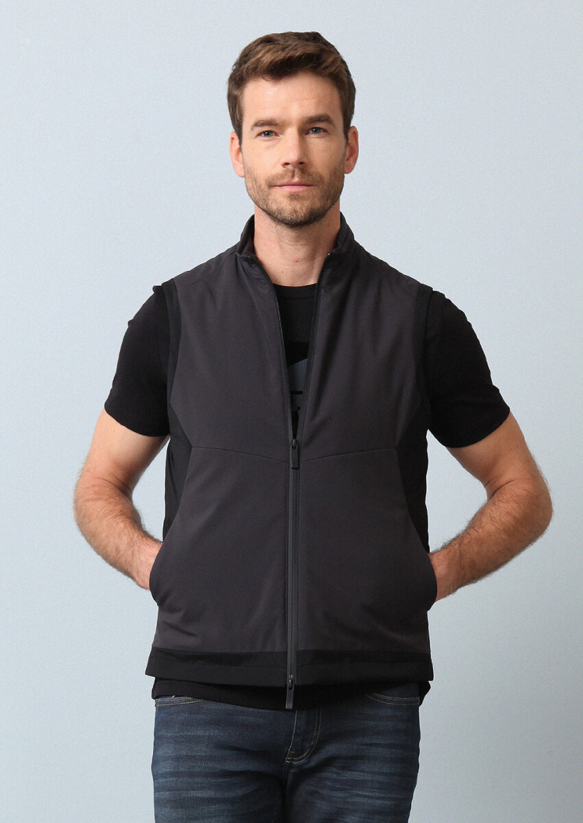 Black Regular Fit Turtleneck Casual Weaving Puffer Vest - 3