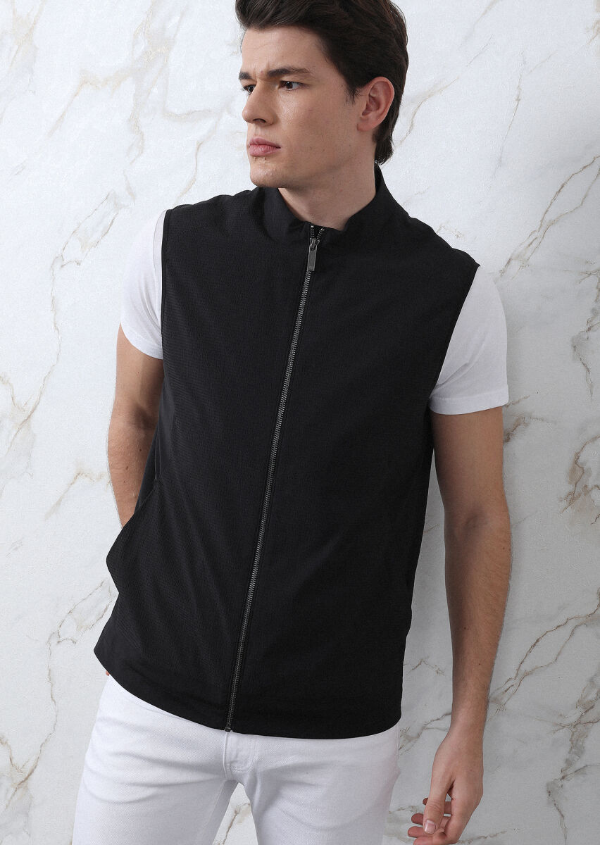 Black Regular Fit Turtleneck Casual Weaving Puffer Vest - 4