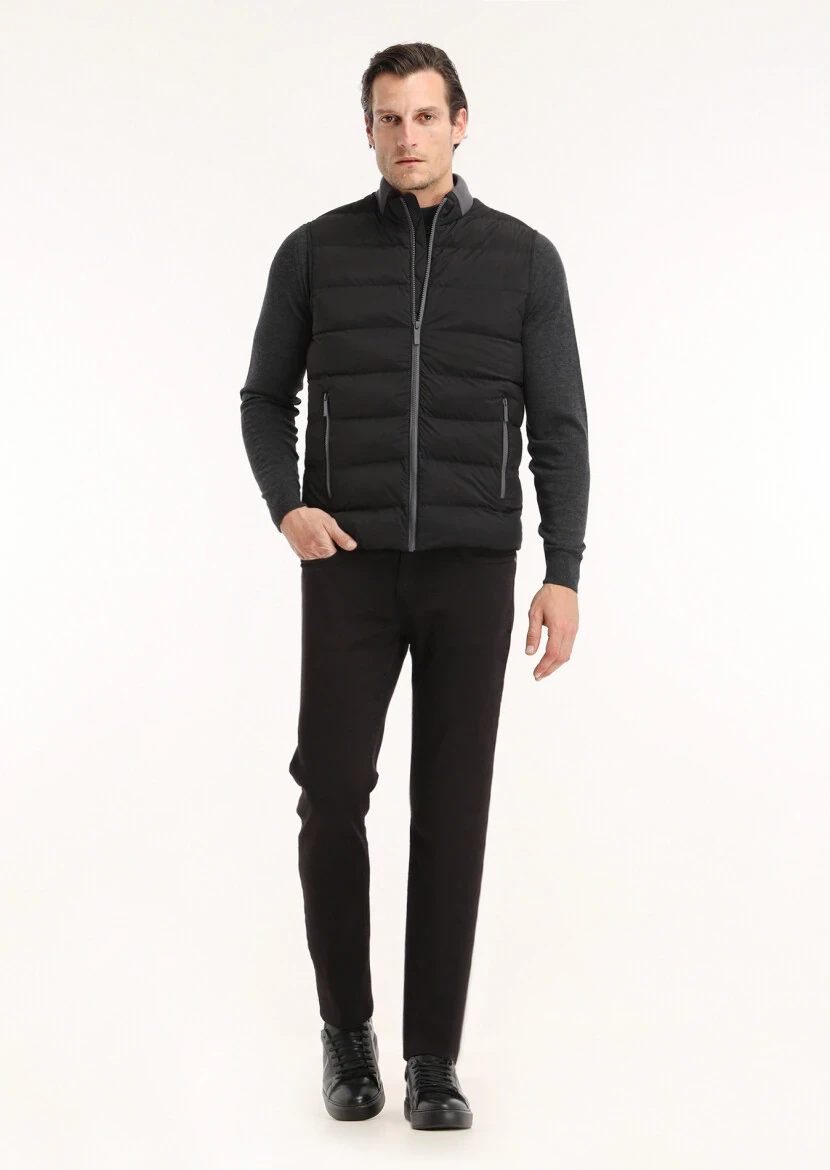 Black Regular Fit Turtleneck Casual Weaving Puffer Vest - 1