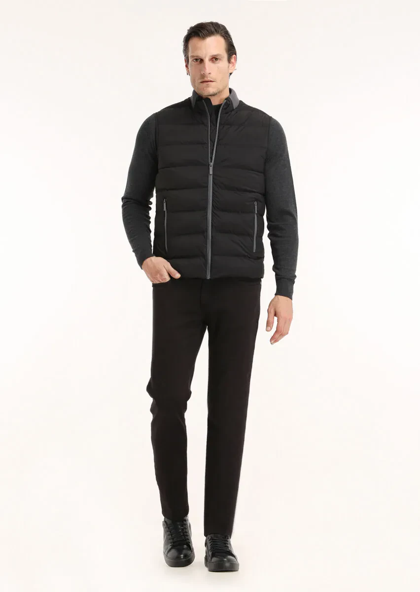 Black Regular Fit Turtleneck Casual Weaving Puffer Vest - 1