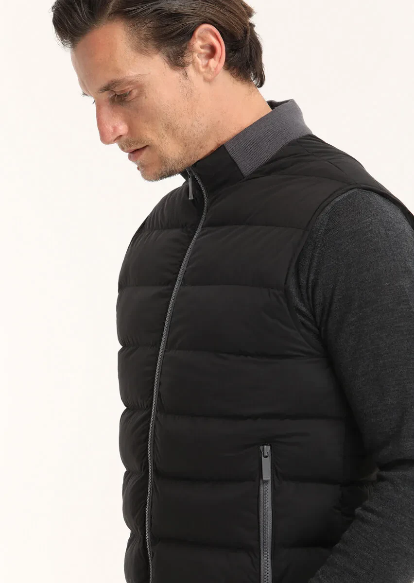 Black Regular Fit Turtleneck Casual Weaving Puffer Vest - 3