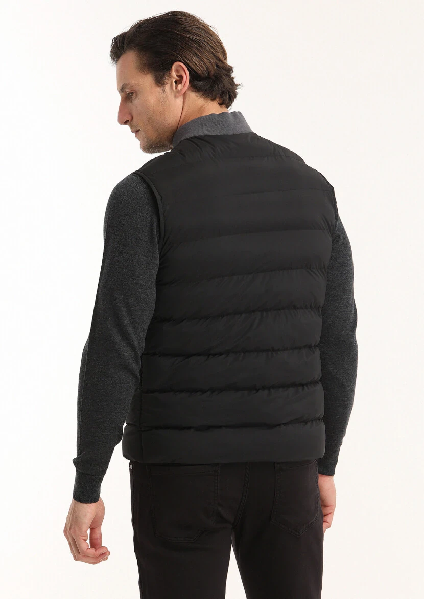 Black Regular Fit Turtleneck Casual Weaving Puffer Vest - 5