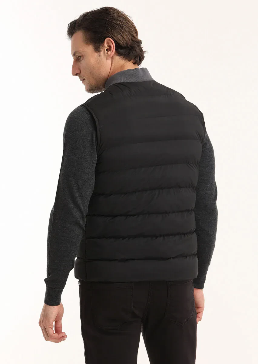 Black Regular Fit Turtleneck Casual Weaving Puffer Vest - 5