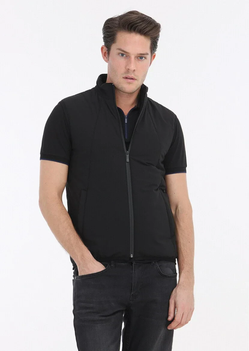 Black Regular Fit Turtleneck Casual Weaving Puffer Vest - 4