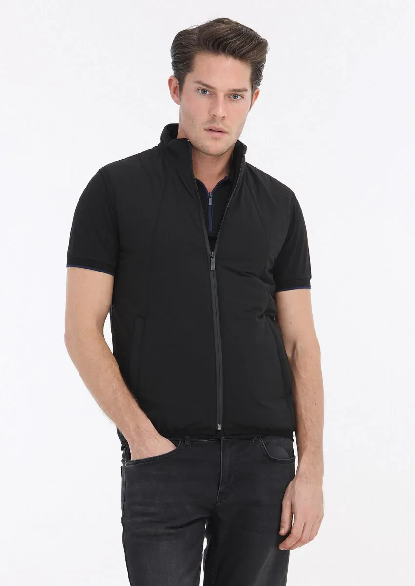 Black Regular Fit Turtleneck Casual Weaving Puffer Vest - 4