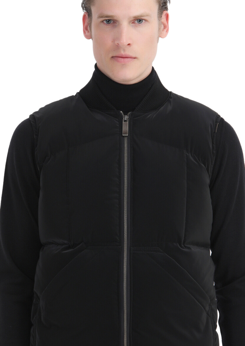 Black Regular Fit Turtleneck Casual Weaving Puffer Vest - 4