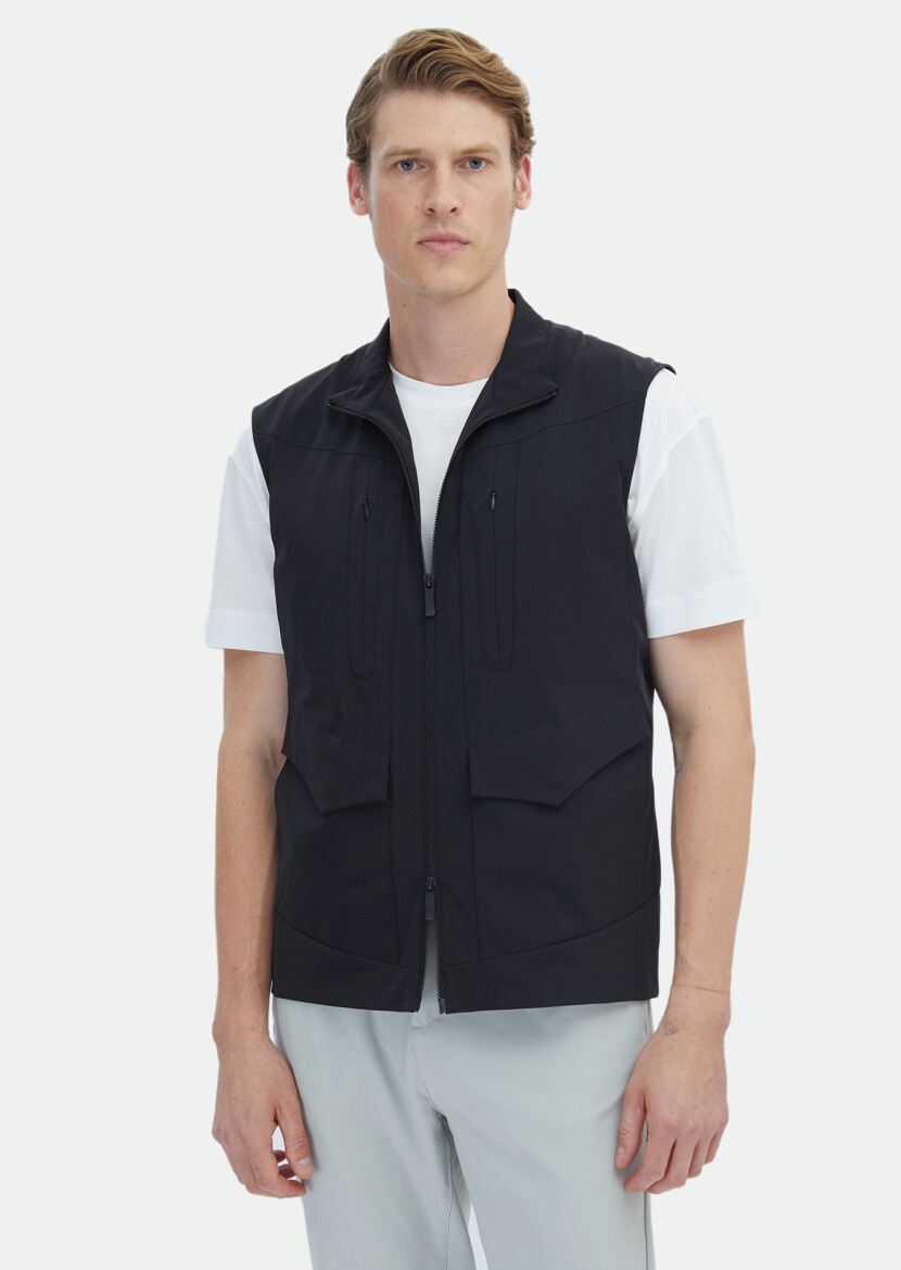 Black Regular Fit Turtleneck Casual Weaving Puffer Vest - 1