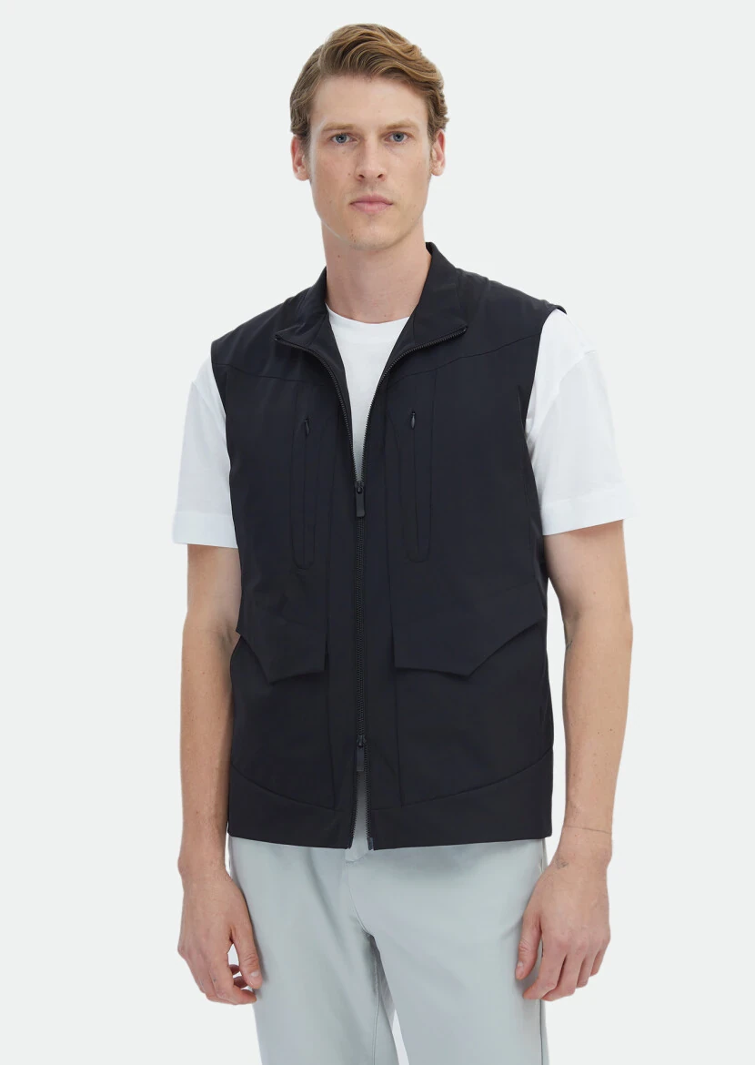Black Regular Fit Turtleneck Casual Weaving Puffer Vest - RAMSEY