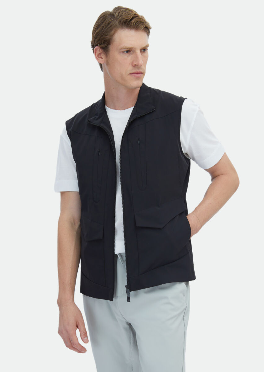 Black Regular Fit Turtleneck Casual Weaving Puffer Vest - 2