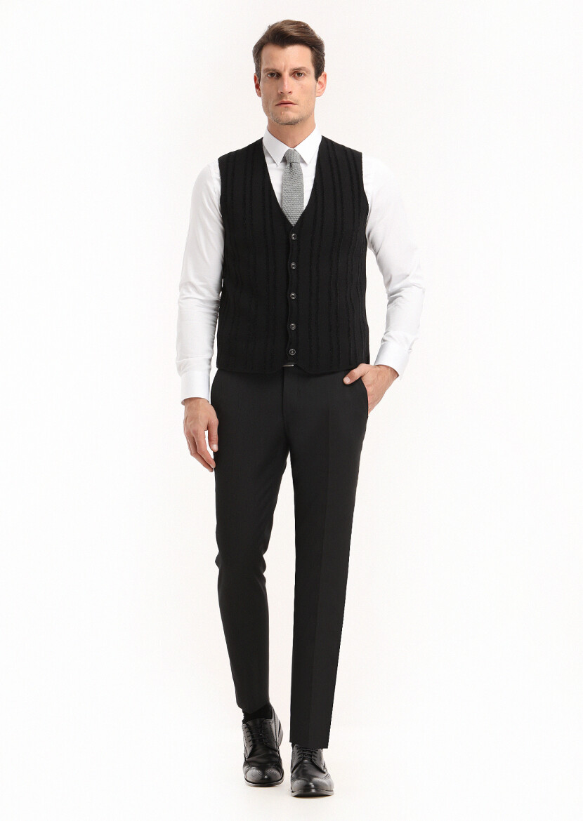 Black Regular Fit V-Neck Casual Knitting Knit Vest - 1