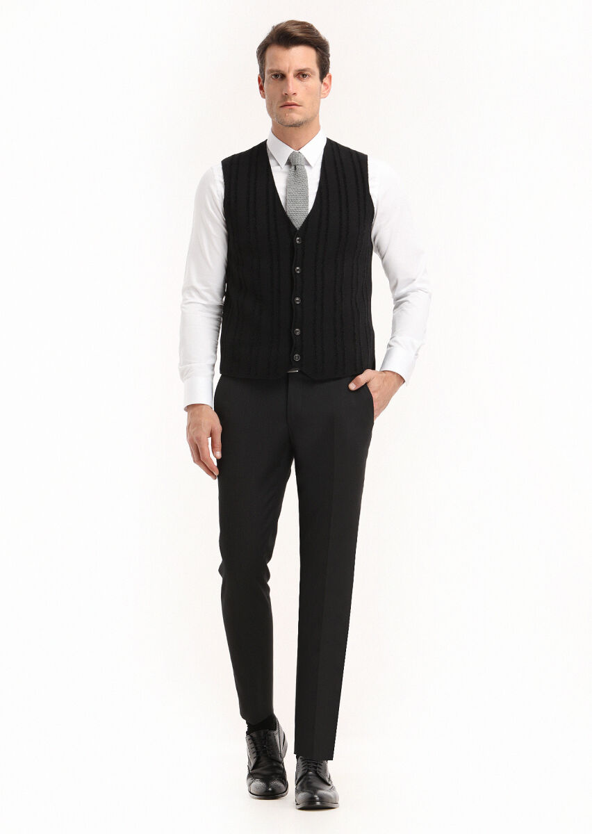 Black Regular Fit V-Neck Casual Knitting Knit Vest - 1