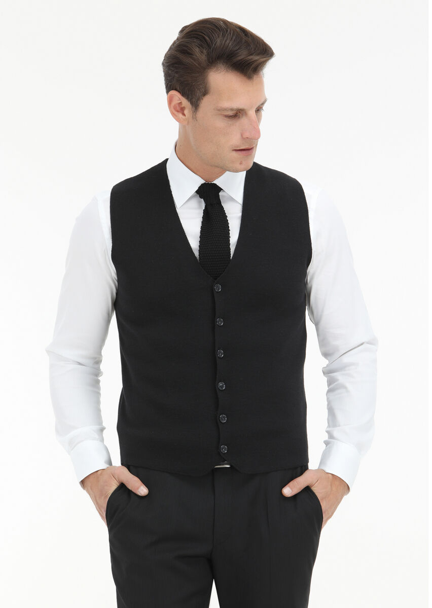 Black Regular Fit V-Neck Casual Knitting Knit Vest - 1