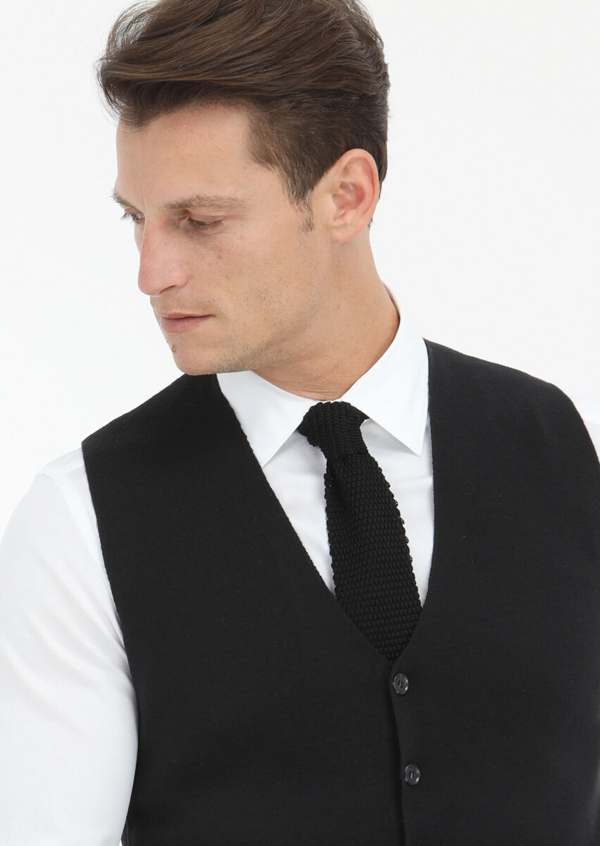 Black Regular Fit V-Neck Casual Knitting Knit Vest - 3