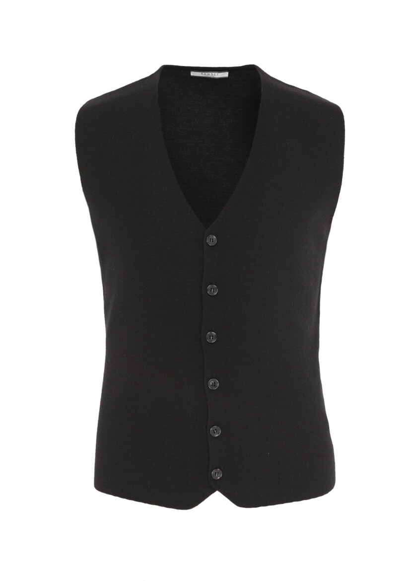 Black Regular Fit V-Neck Casual Knitting Knit Vest - 5
