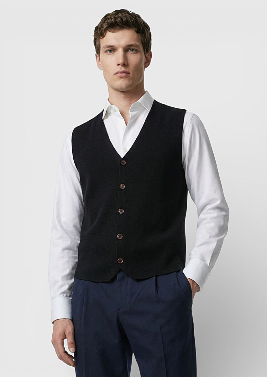 Black Regular Fit V-Neck Casual Knitting Knit Vest - 1