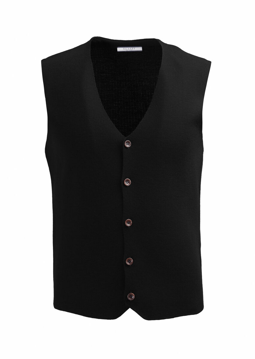 Black Regular Fit V-Neck Casual Knitting Knit Vest - 5