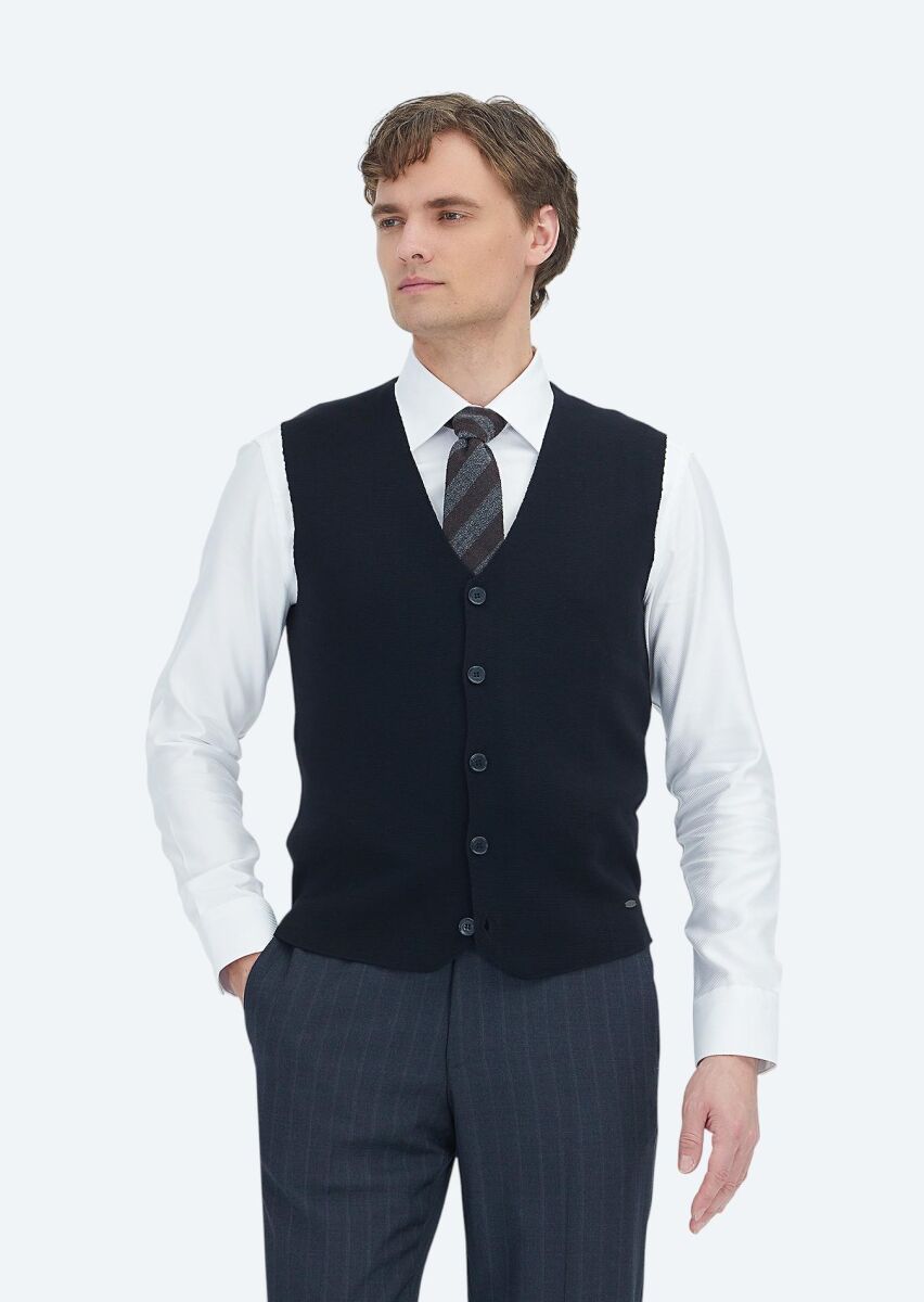 Black Regular Fit V-Neck Casual Knitting Knit Vest - 1
