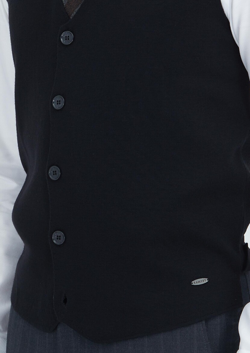 Black Regular Fit V-Neck Casual Knitting Knit Vest - 3