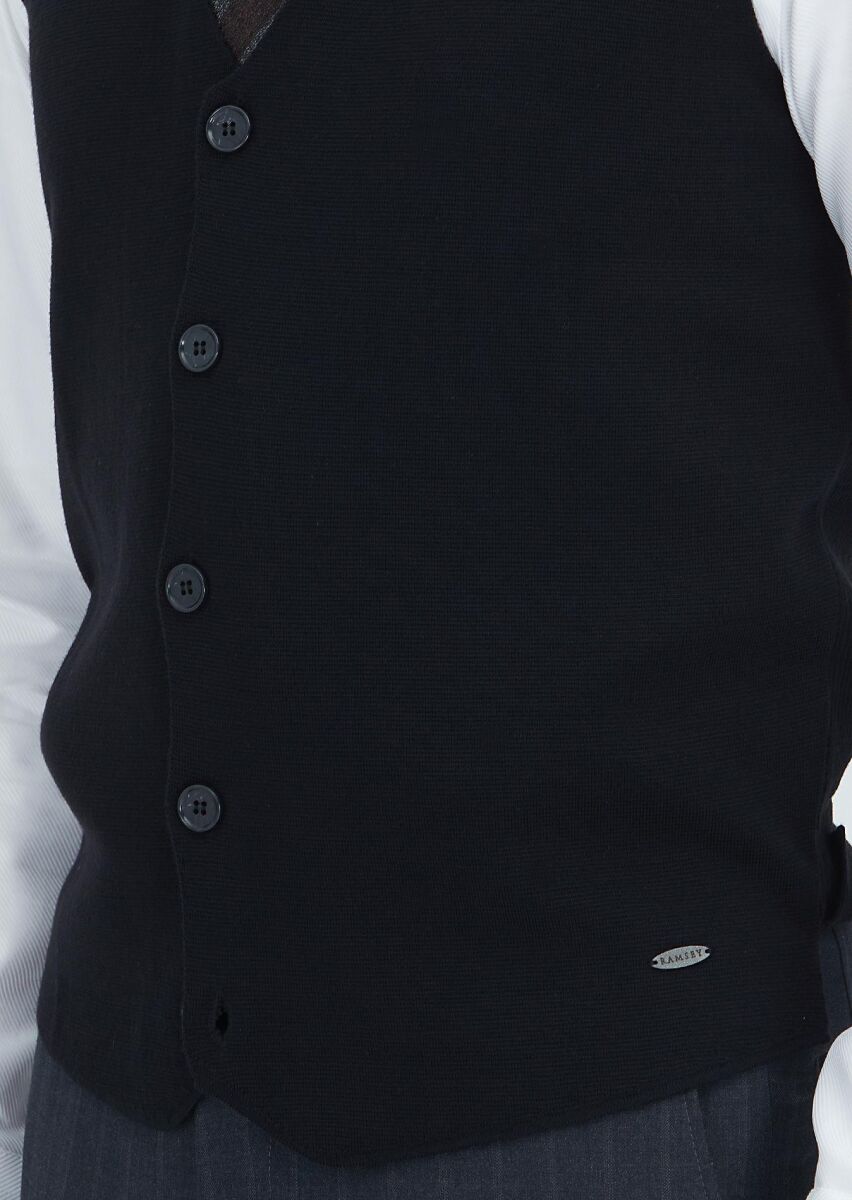 Black Regular Fit V-Neck Casual Knitting Knit Vest - 3