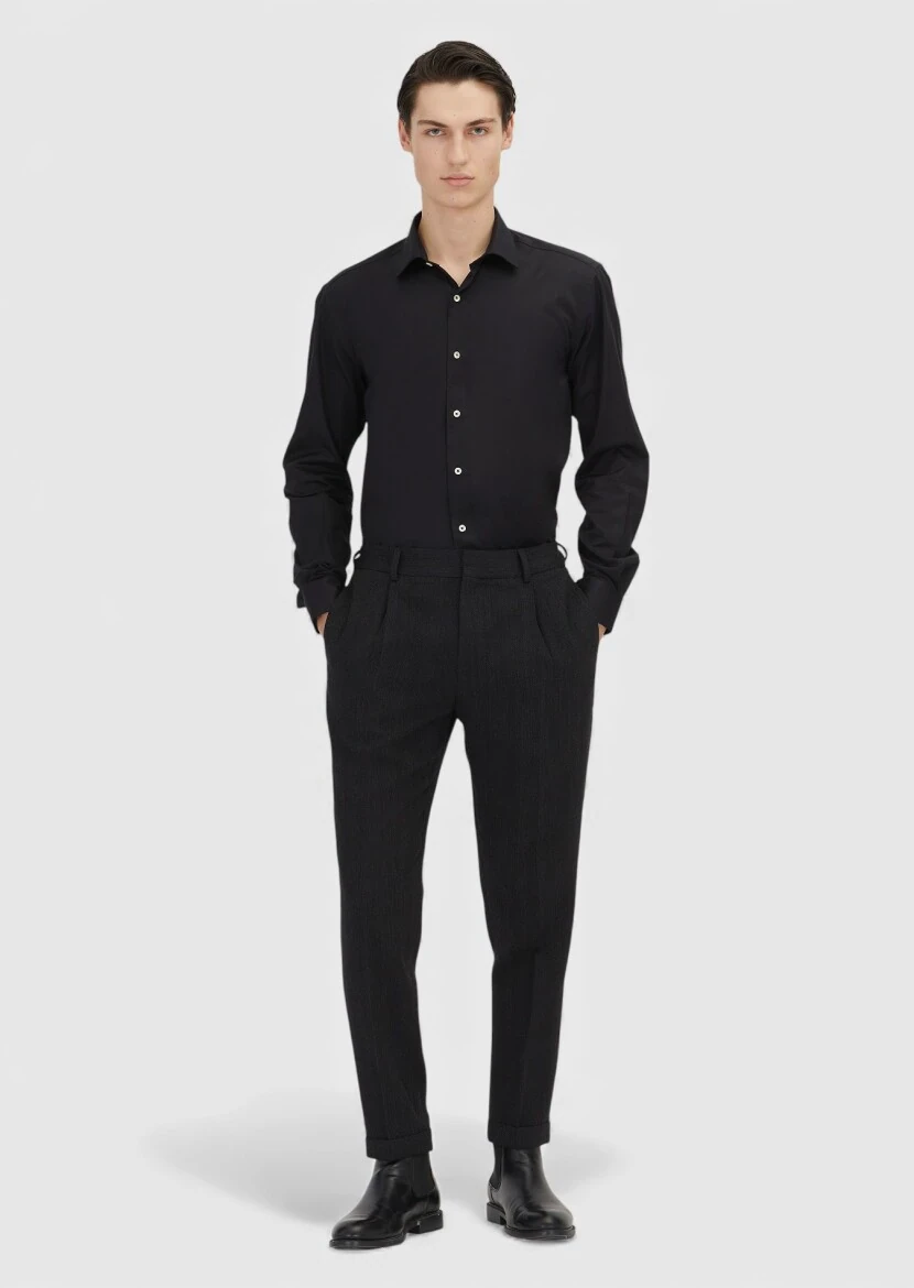 Black Regular Fit Weaving Classical 100% Cotton Shirt - RAMSEY