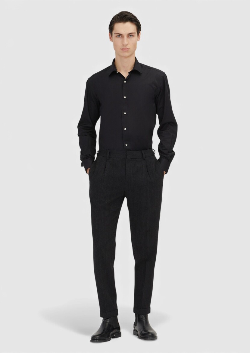 Black Regular Fit Weaving Classical 100% Cotton Shirt - RAMSEY