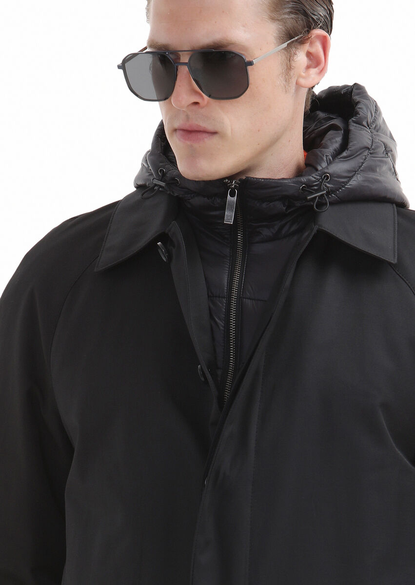 Black Removable Hood Weaving Rain Coat - 6