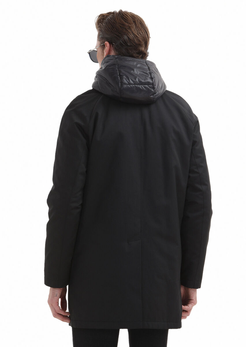 Black Removable Hood Weaving Rain Coat - 7