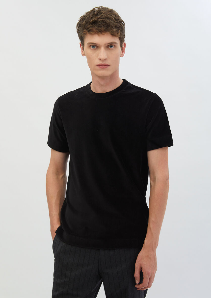 Black Ribbed Crew Neck 100% Cotton T-Shirt - 1