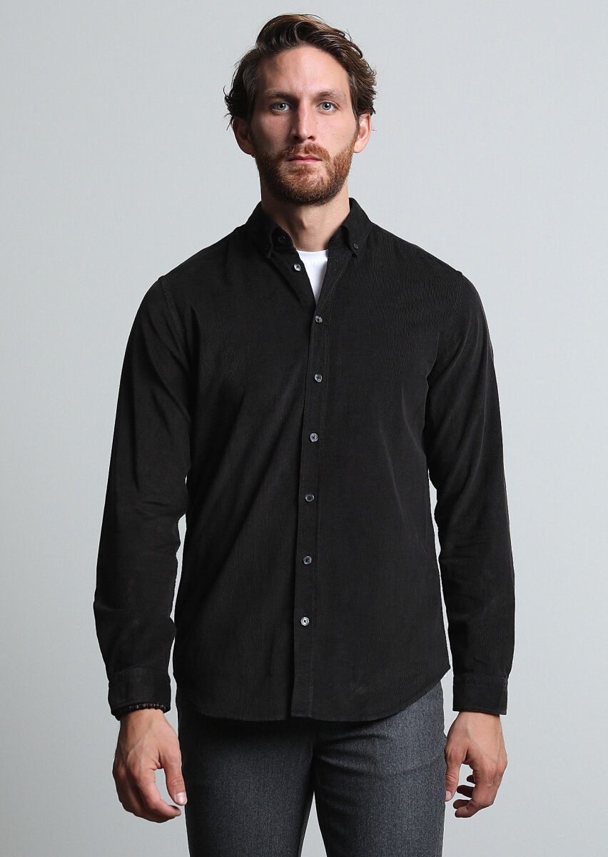 Black Ribbed Regular Fit Long Weaving Casual 100% Cotton Shirt - 1
