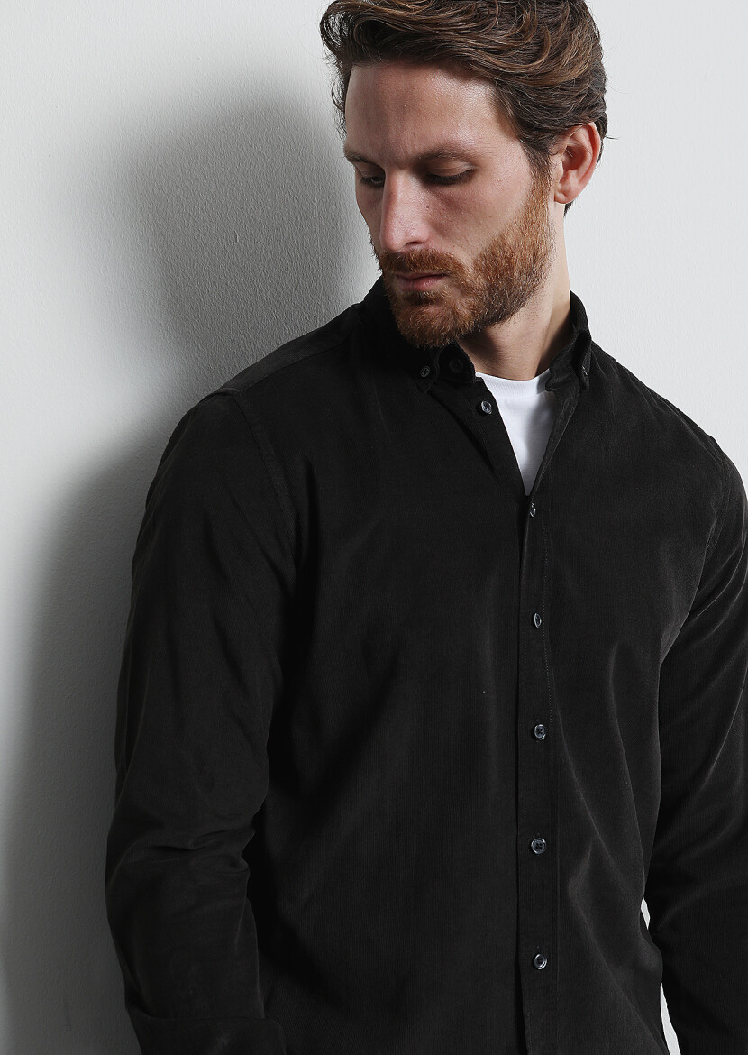 Black Ribbed Regular Fit Long Weaving Casual 100% Cotton Shirt 