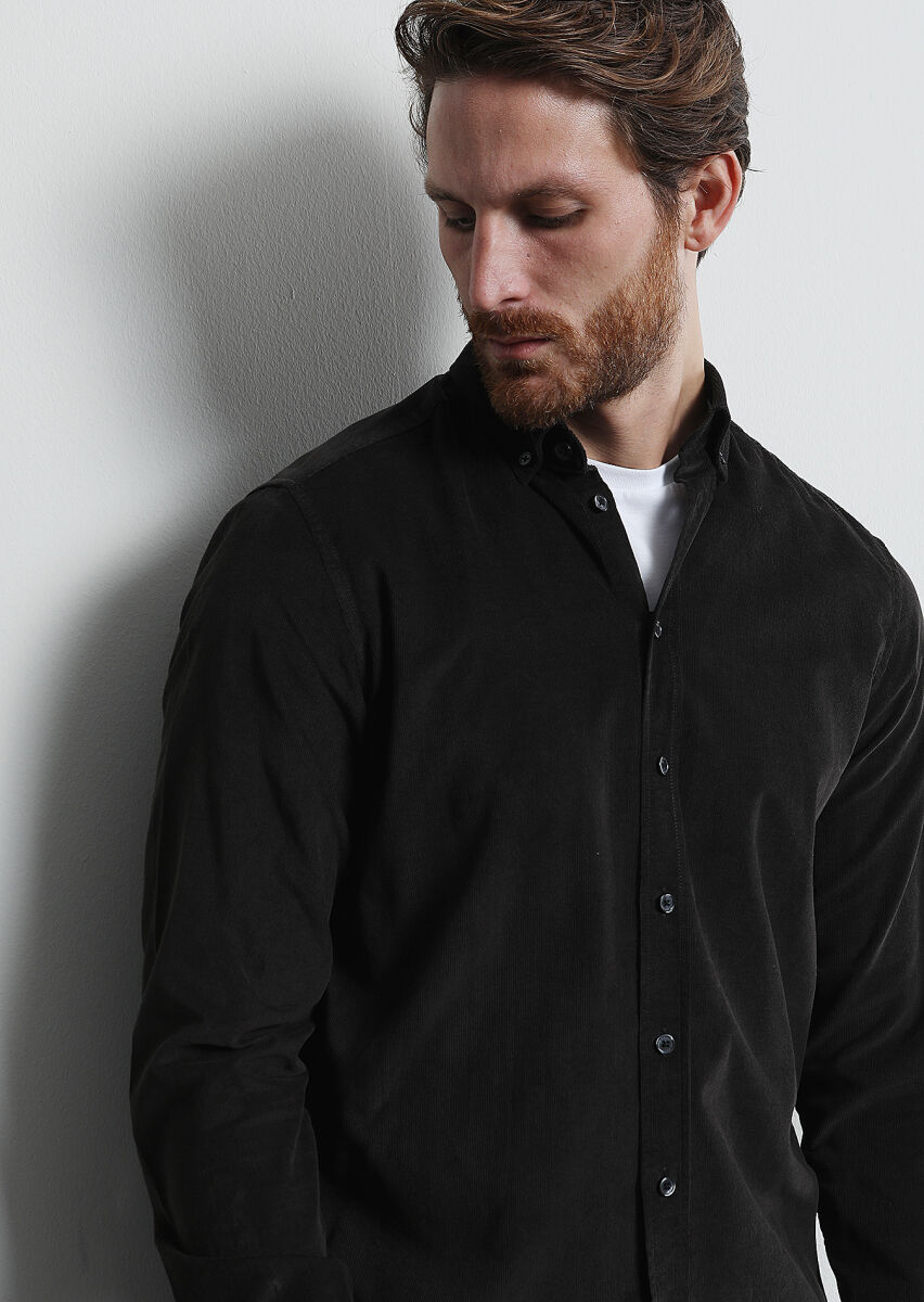 Black Ribbed Regular Fit Long Weaving Casual 100% Cotton Shirt - 2