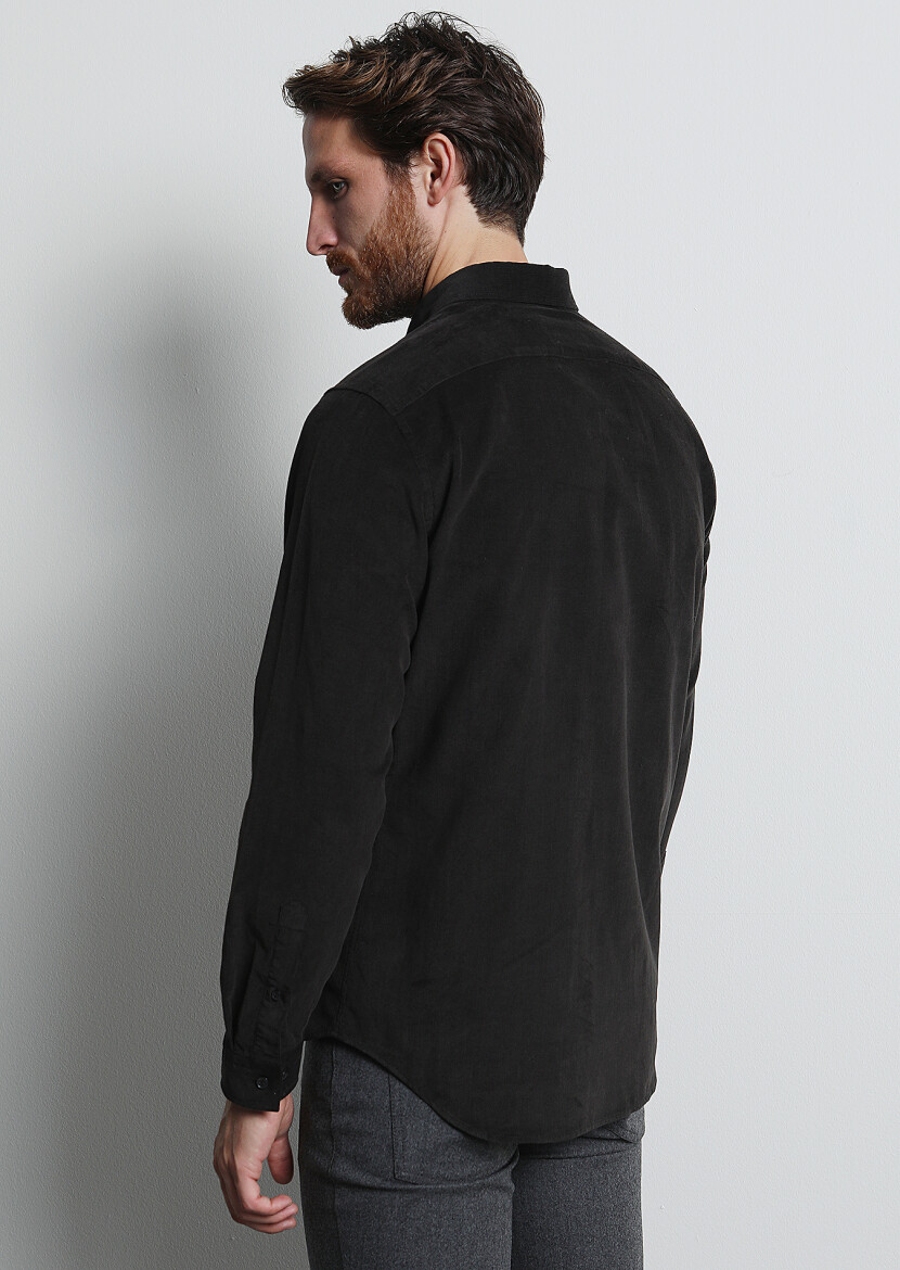 Black Ribbed Regular Fit Long Weaving Casual 100% Cotton Shirt - 5