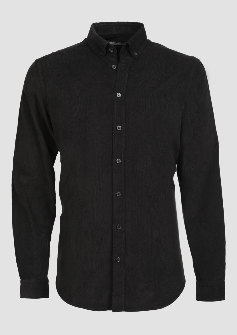Black Ribbed Regular Fit Long Weaving Casual 100% Cotton Shirt - 6