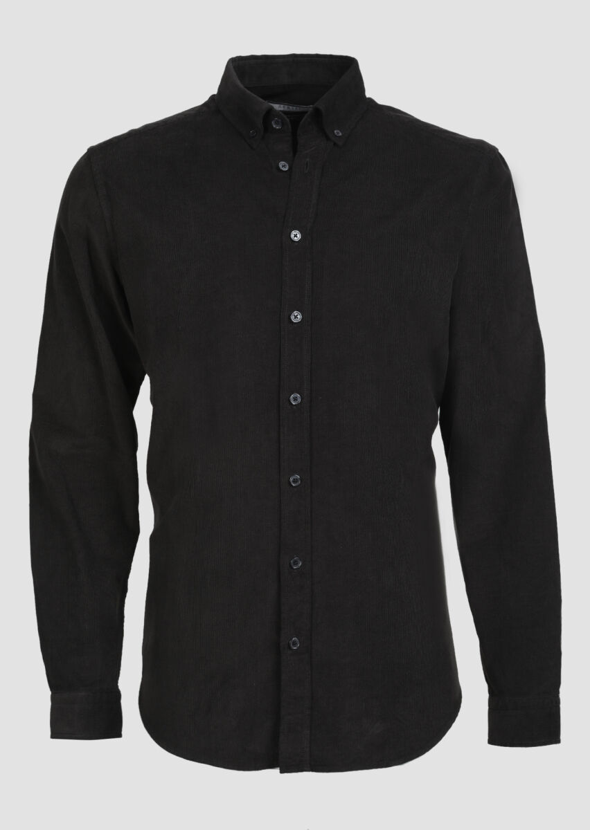 Black Ribbed Regular Fit Long Weaving Casual 100% Cotton Shirt - 6