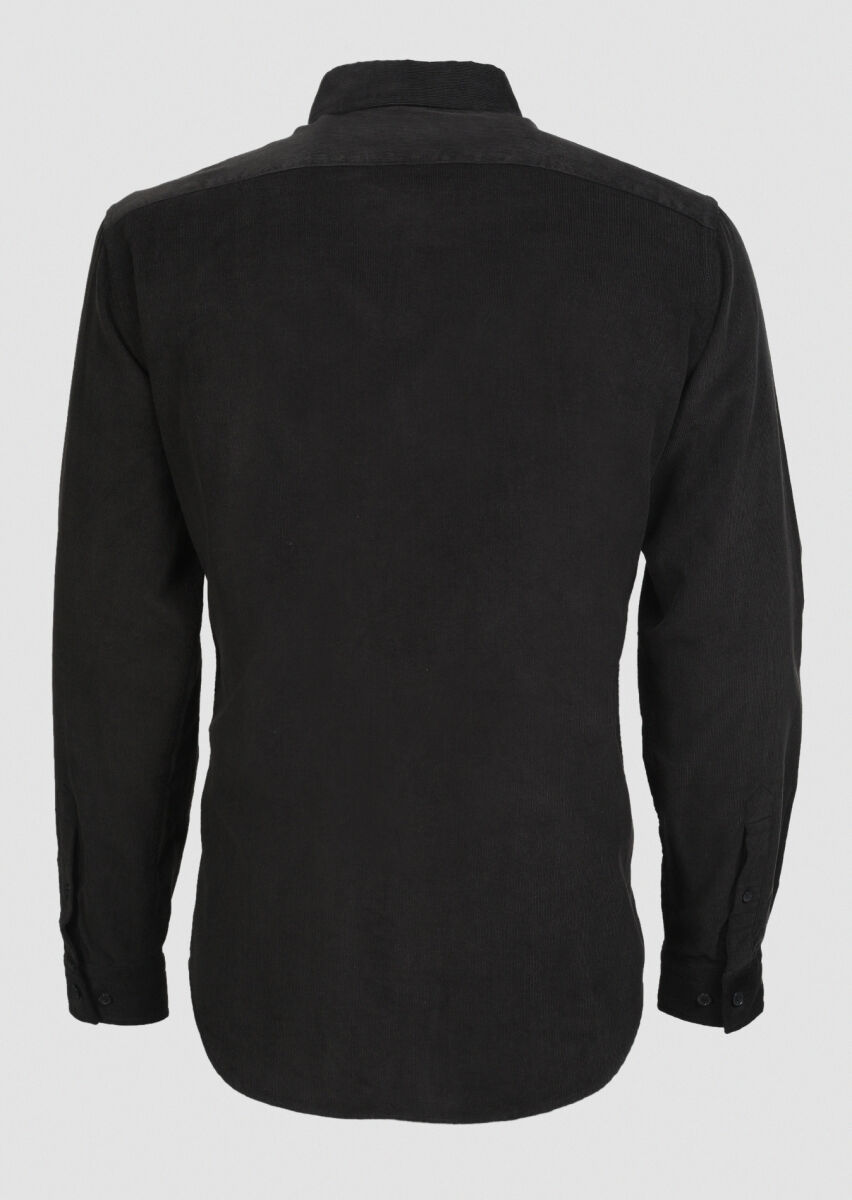 Black Ribbed Regular Fit Long Weaving Casual 100% Cotton Shirt - 7