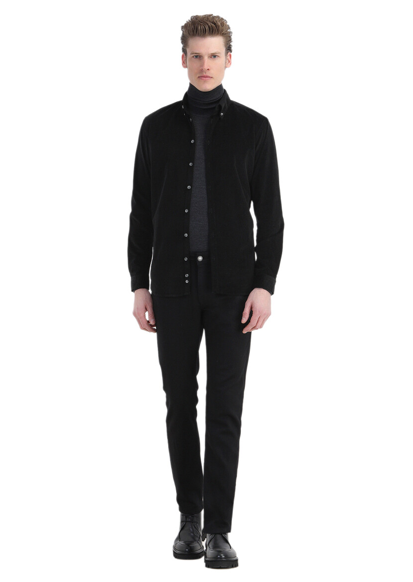 Black Ribbed Regular Fit Long Weaving Casual 100% Cotton Shirt 