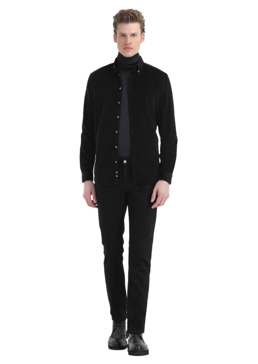 Black Ribbed Regular Fit Long Weaving Casual 100% Cotton Shirt - 2