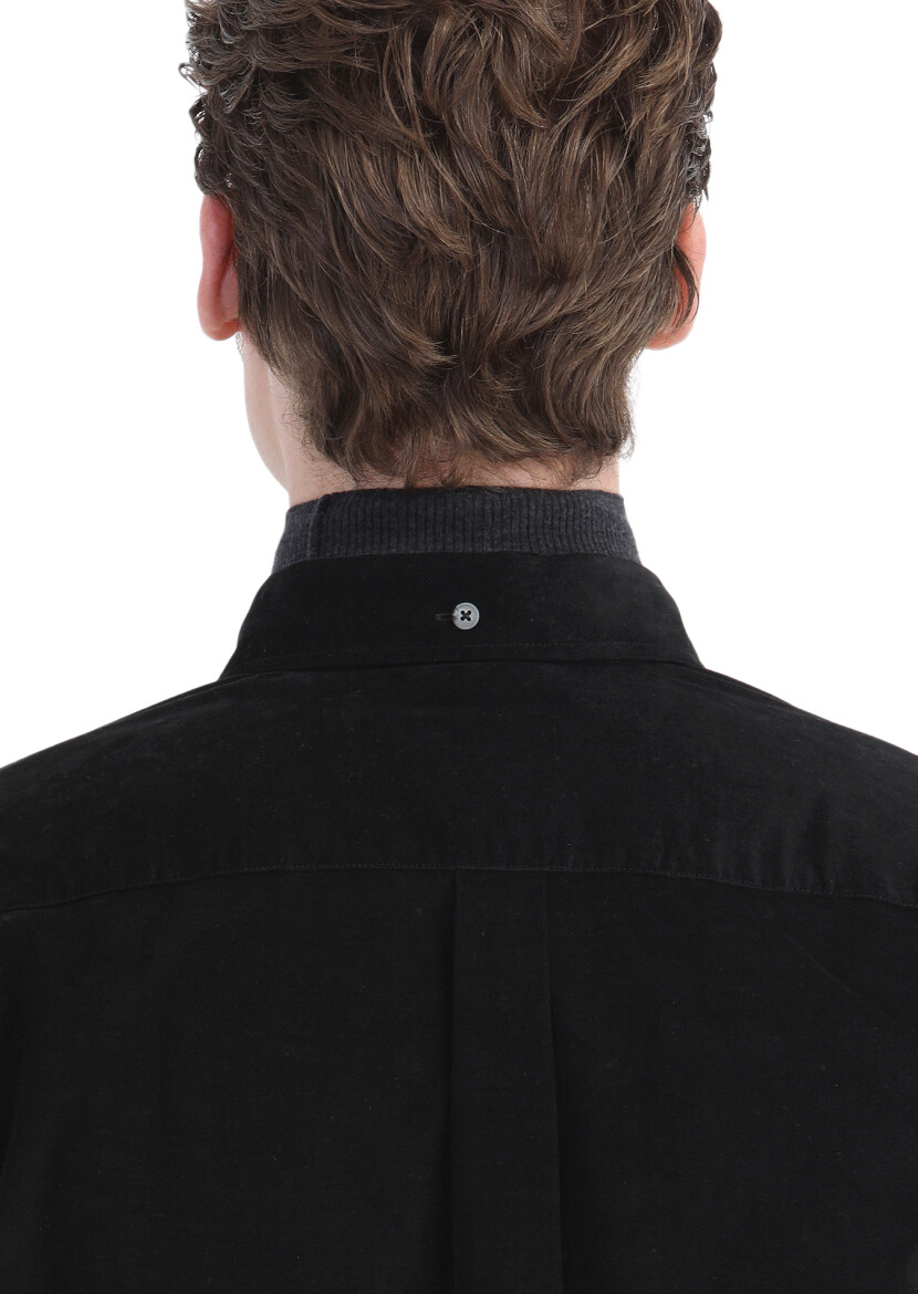 Black Ribbed Regular Fit Long Weaving Casual 100% Cotton Shirt - 6