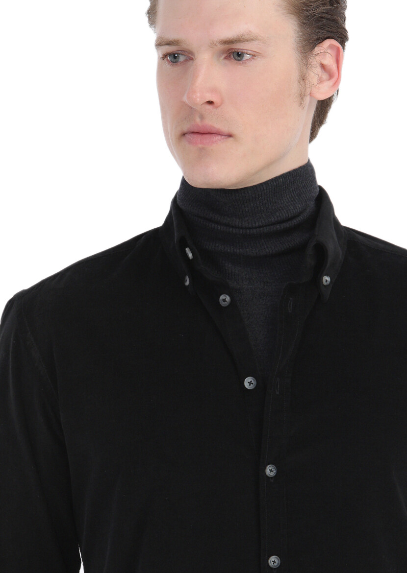 Black Ribbed Regular Fit Long Weaving Casual 100% Cotton Shirt - 7