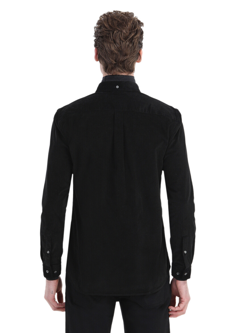 Black Ribbed Regular Fit Long Weaving Casual 100% Cotton Shirt - 8