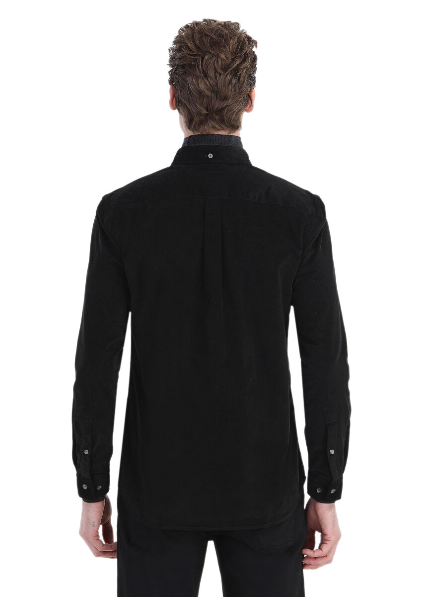 Black Ribbed Regular Fit Long Weaving Casual 100% Cotton Shirt - 8