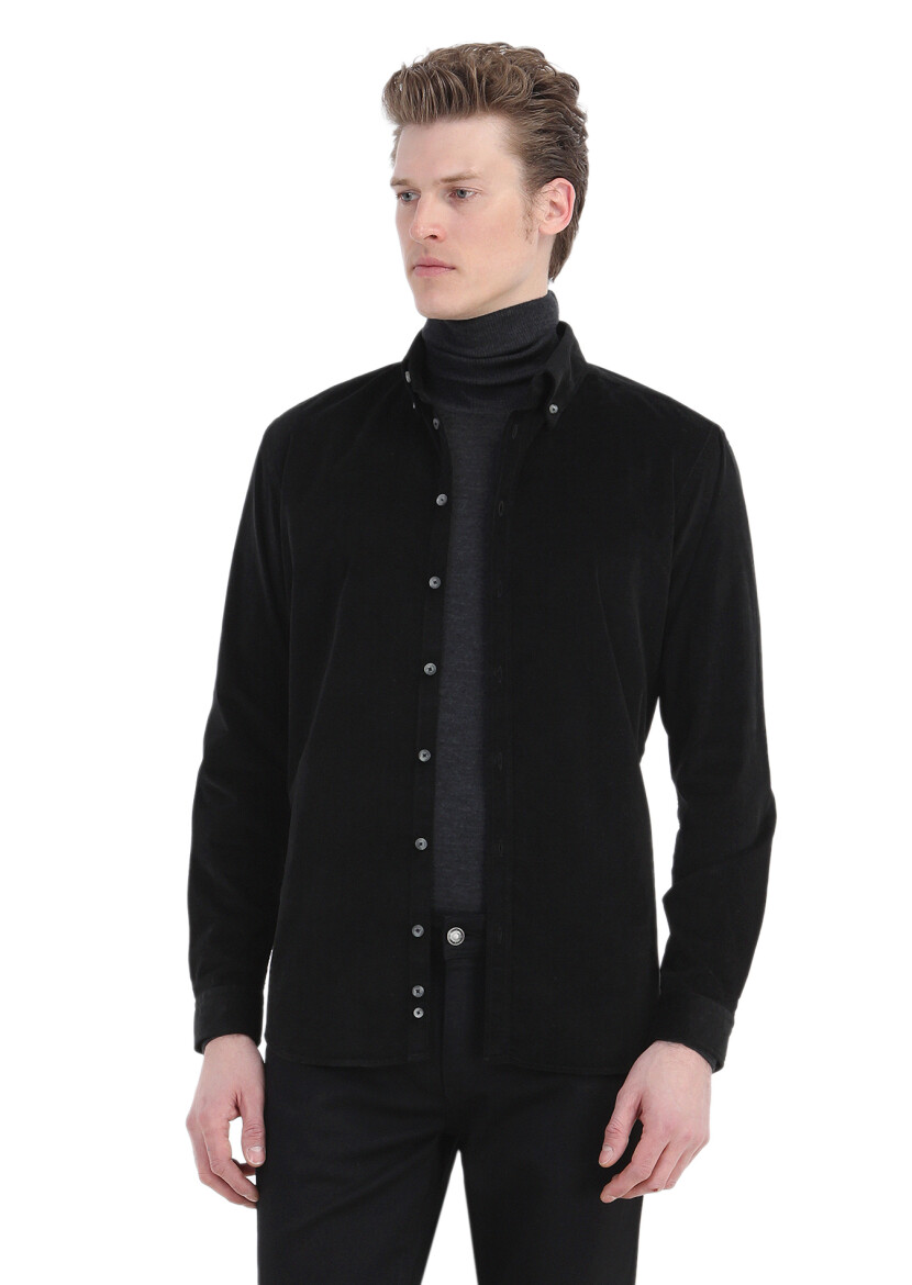 Black Ribbed Regular Fit Weaving Casual 100% Cotton Shirt 