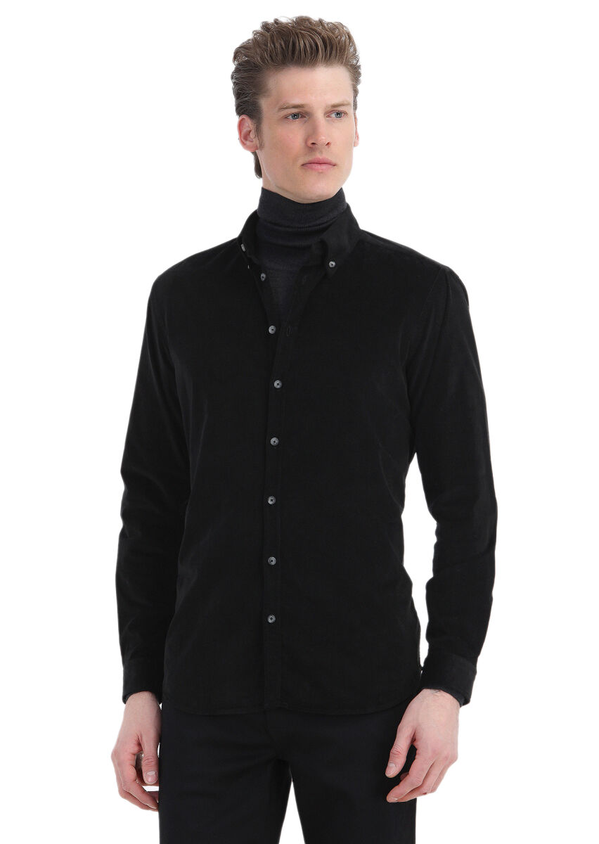 Black Ribbed Regular Fit Weaving Casual 100% Cotton Shirt - 3