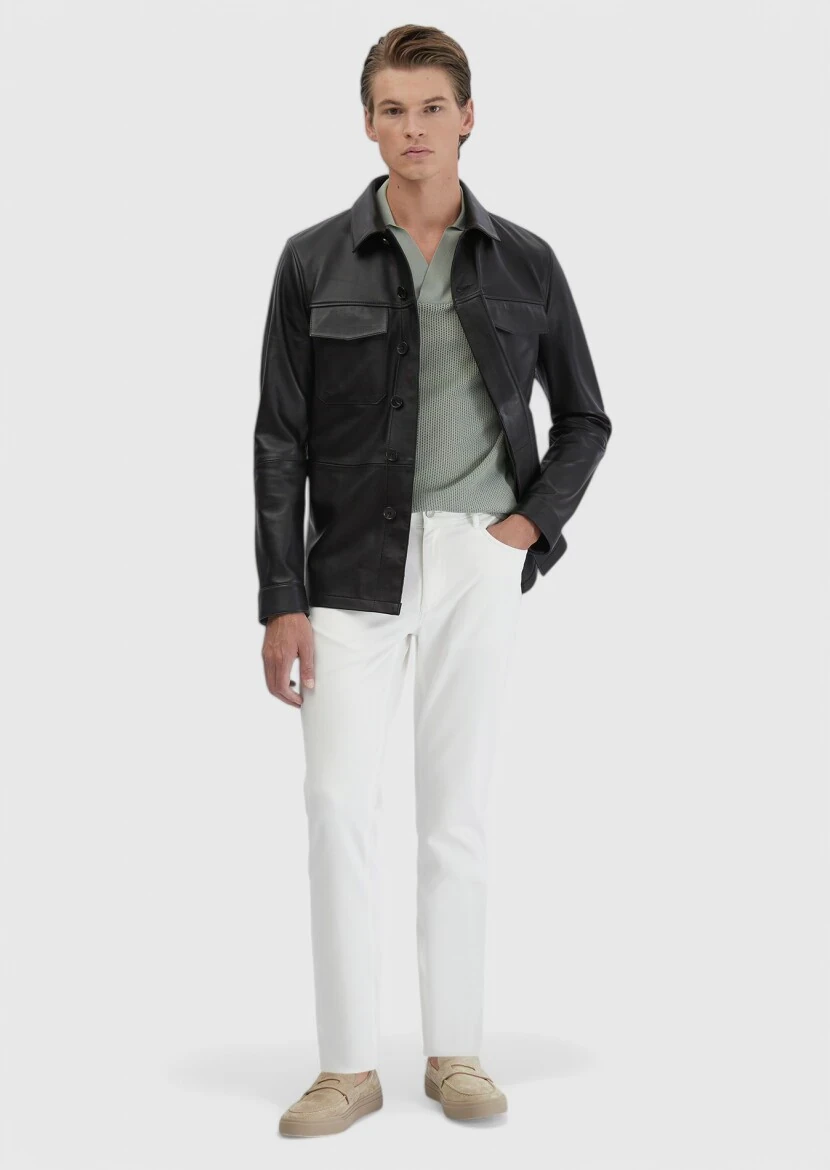 Black Shirt Collar Casual Sheep Leather Leather Coat - 2