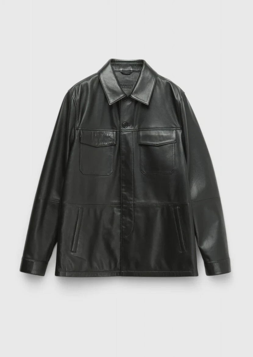 Black Shirt Collar Casual Sheep Leather Leather Coat - 9