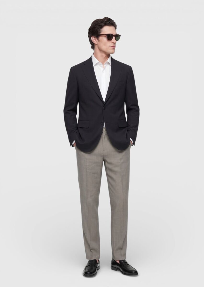 Black Shirt Shoulder Slim Fit 100% Wool Jacket - 3