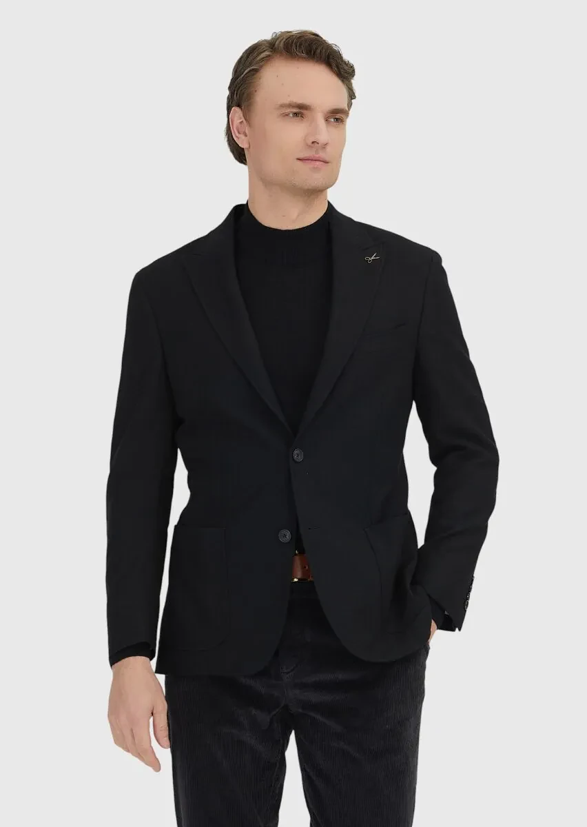Black Shirt Shoulder Slim Fit Wool Blended Jacket - 1