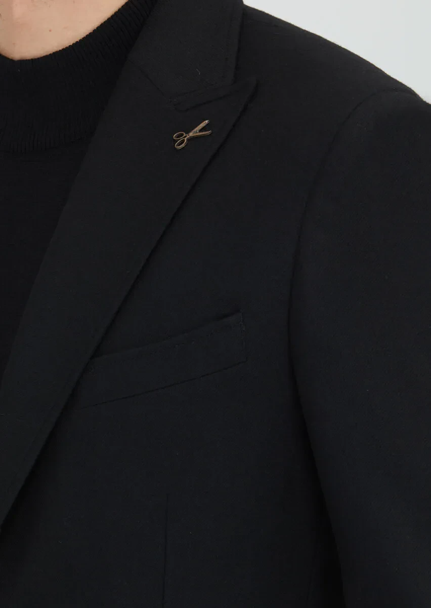 Black Shirt Shoulder Slim Fit Wool Blended Jacket - 3