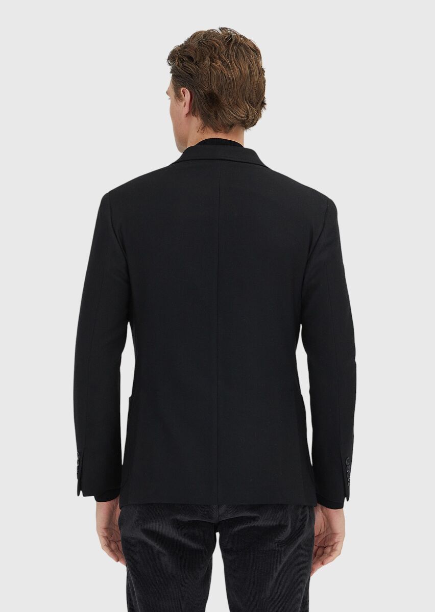 Black Shirt Shoulder Slim Fit Wool Blended Jacket - 5