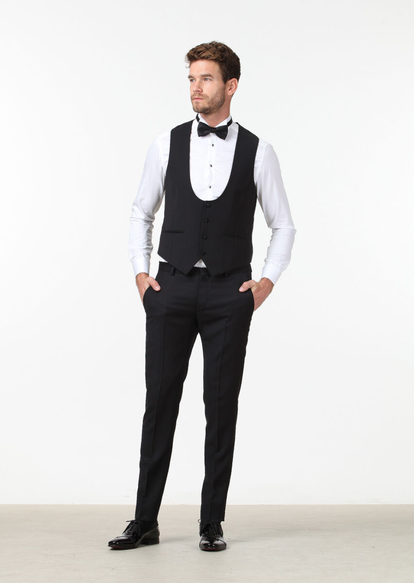 Black Slim Fit Butterfly Collar Classical Waistcoat - 2